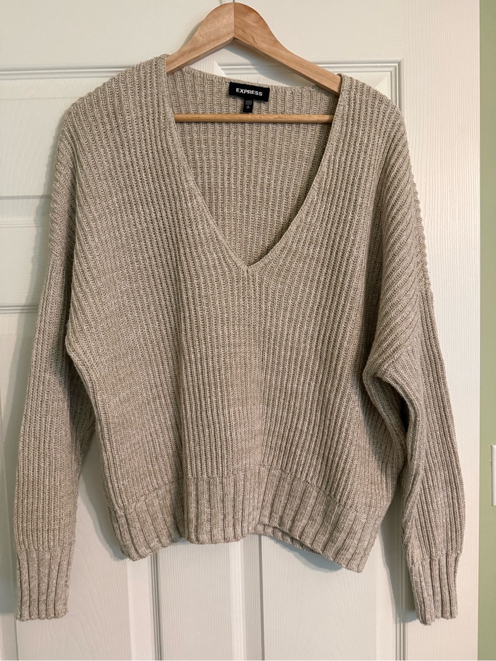 Express V-Neck Ribbed Sweater in Oatmeal